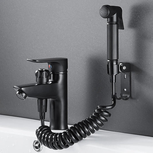 DecorBites™ Black Brass Single Handle Bathroom Basin Faucet with Shower Head, Hot and Cold Mixer Tap