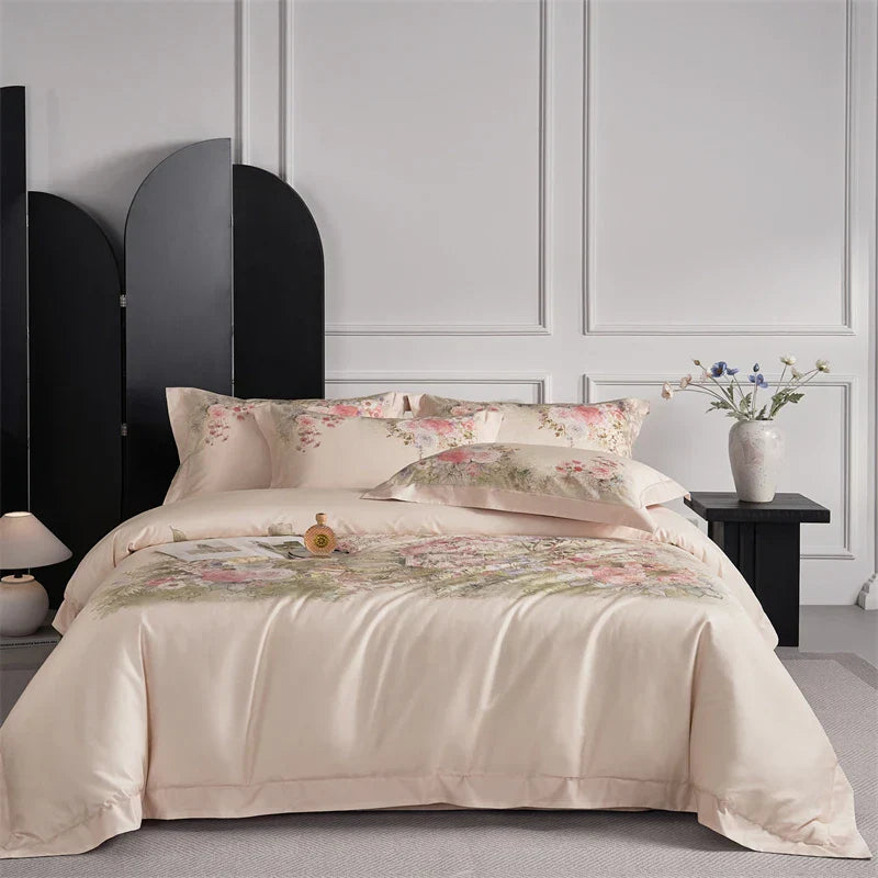 Decobites Flowers Pattern 1000TC Egyptian Cotton Luxury Bedding Set & Silk Duvet Cover