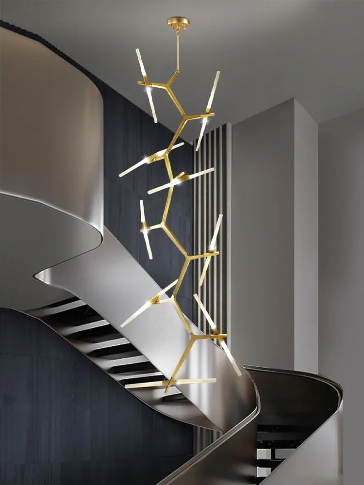 Decorbites™ Gold Zweig LED Kronleuchter für Treppenhaus in Duplex-Villa – Moderne Innenbeleuchtung