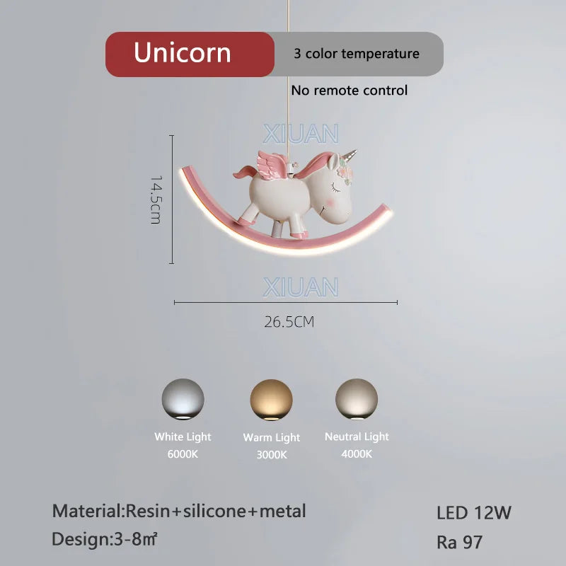 DecorBites™ Kids Unicorn Pendant Lamps White Bear Pink Elephant Chandeliers