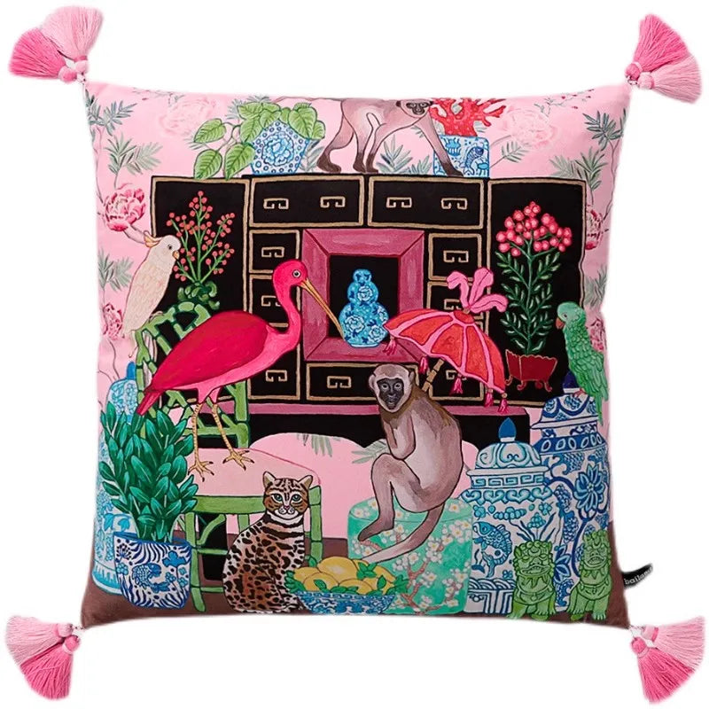 DecorBites™ Chinoiserie Monkey Umbrella Peonies Roses Pillowcase | Eclectic Home Decor