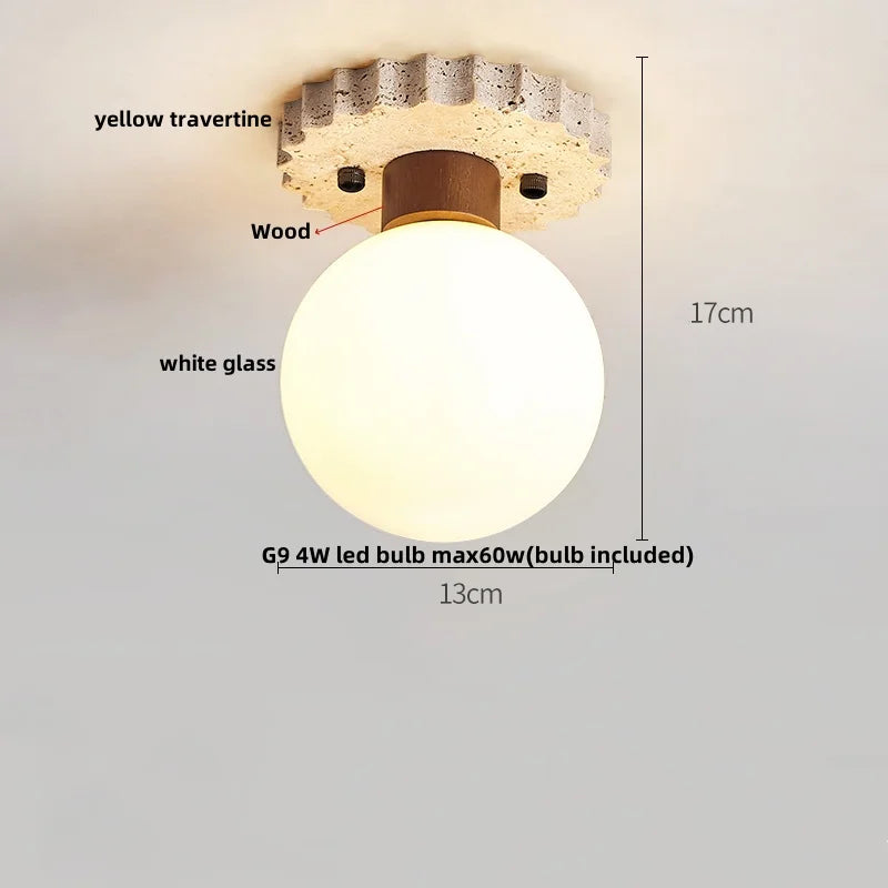 DecorBites™ LED Rotatable Ceiling Lamp White Glass Yellow Travertine Wood Nordic Modern