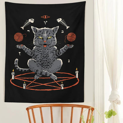 Decobites Cat Coven Tapestry Wall Hanging - Cool Black Witchcraft Decor for Living Room and Bedroom