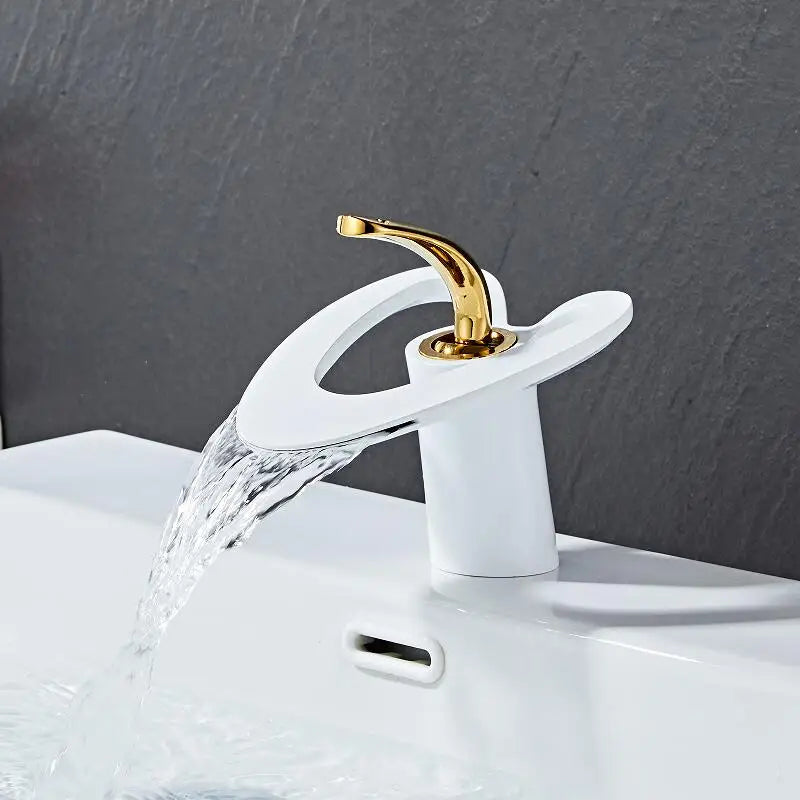 DecorBites™ Golden/White & Black Waterfall Basin Faucet - Brass Sink Mixer Tap - Hot & Cold