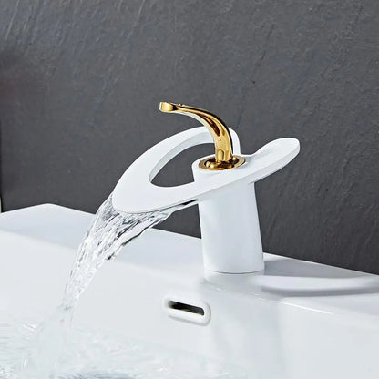 DecorBites™ Golden/White & Black Waterfall Basin Faucet - Brass Sink Mixer Tap - Hot & Cold