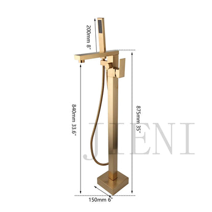 DecorBites™ Brushed Gold High Rise Round Bath Mixer Roman Tub Faucet Set Floor Stand