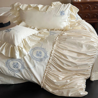 Decobites Rustic Rose Embroidery Bedding Set with Pleated Ruffles in Egyptian Cotton