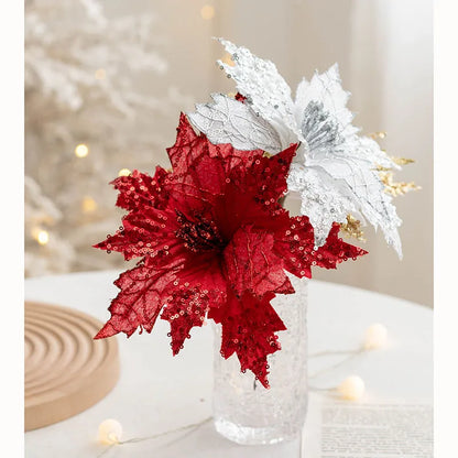 1PC Christmas Gold Silver Imitation Flower Xmas Tree Sequins Artificial Flowers DIY Ornaments for Festival Party New Year Decor