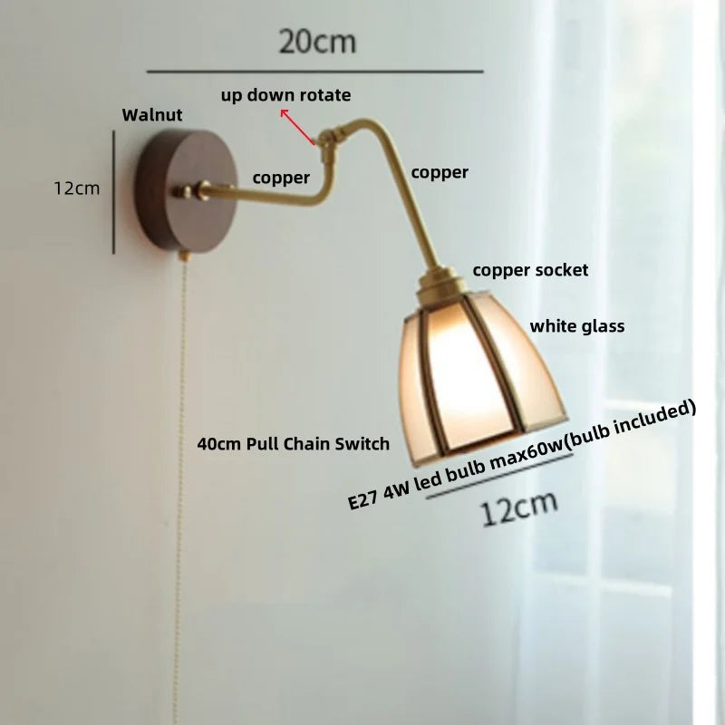 DecorBites™ Clear Glass LED Wall Sconce Pull Chain Switch Rotate Arm Walnut Wood Stair Light