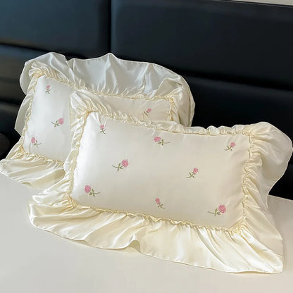 DecorBites™ Ice Silk Embroidery Bedding Sets: Luxury Rayon Duvet Set with Lace, Soft & Cozy