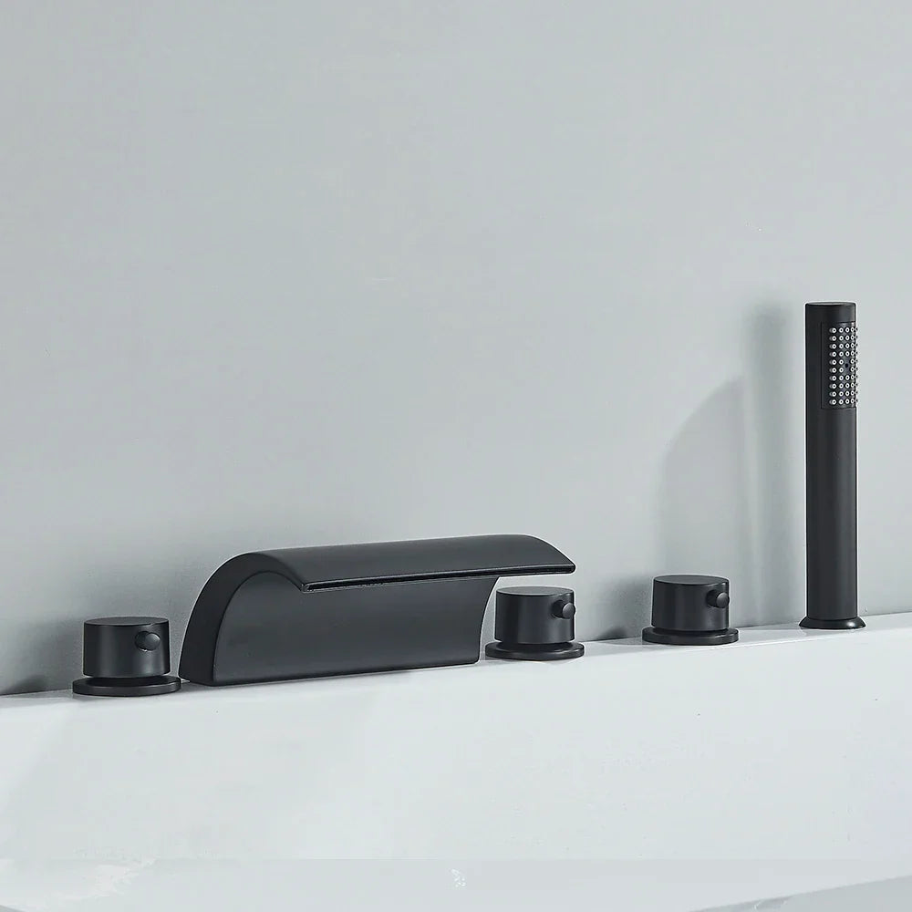 DecorBites™ Black Brass Waterfall Tub Faucet Three Handles Hot Cold Mixer