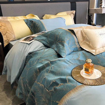 DecorBites™ Luxe Gold Leaves Satin Jacquard Embroidery 1000TC Egyptian Cotton Bedding Set