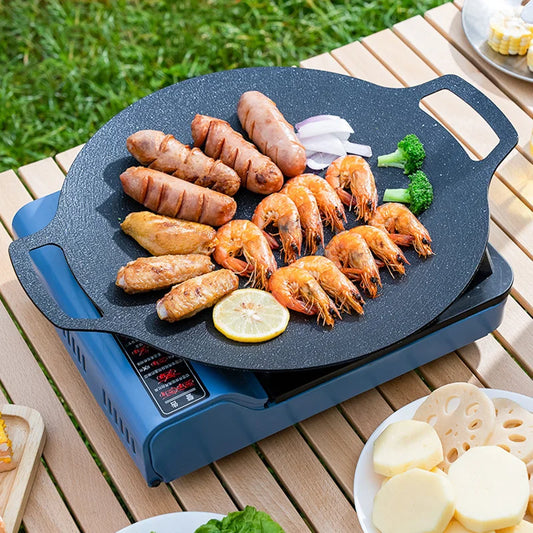 DecorBites™ Korean BBQ Grill Pan: Round Non-Stick Outdoor Frying Pan for Camping & Travel