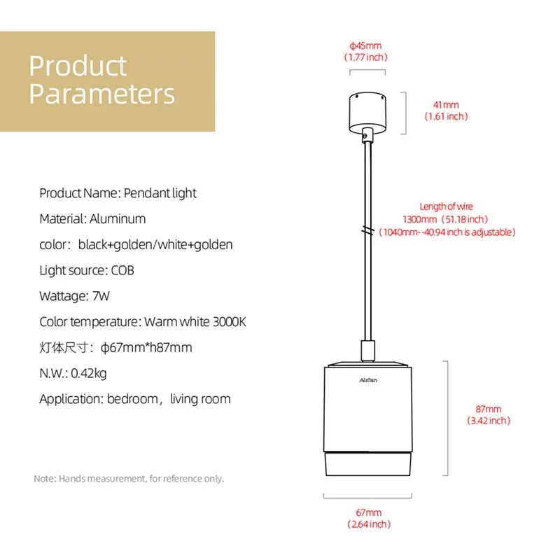 مصباح معلق من الألومنيوم من DecorBites™ بقوة 7 وات ومؤشر تجسيد اللون 97 وطول خط قابل للتعديل لغرفة المعيشة