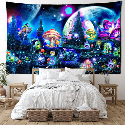 Decobites Mushroom Castle Tapestry Wall Hanging for Magical Home Decor