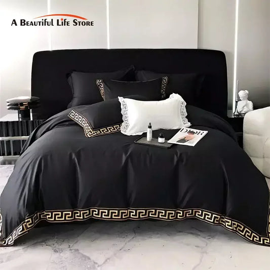 DecorBites™ Gold Embroidery Duvet Set, Black Egyptian Cotton Bedding, 1000TC, Double King Queen