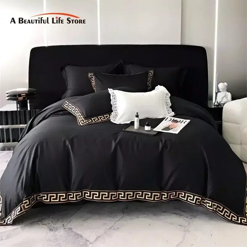 Conjunto de edredón con bordado de oro Decorbites™, Ropa de cama de algodón egipcio negro, 1000TC, Doble Rey Reina