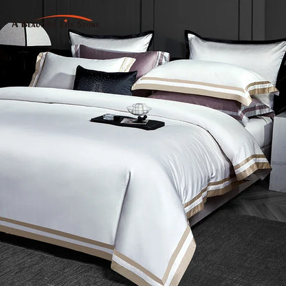 Decobites Luxury White Gray Hotel Style Embroidery Bedding Set, Silky Soft 1400TC Egyptian Cotton