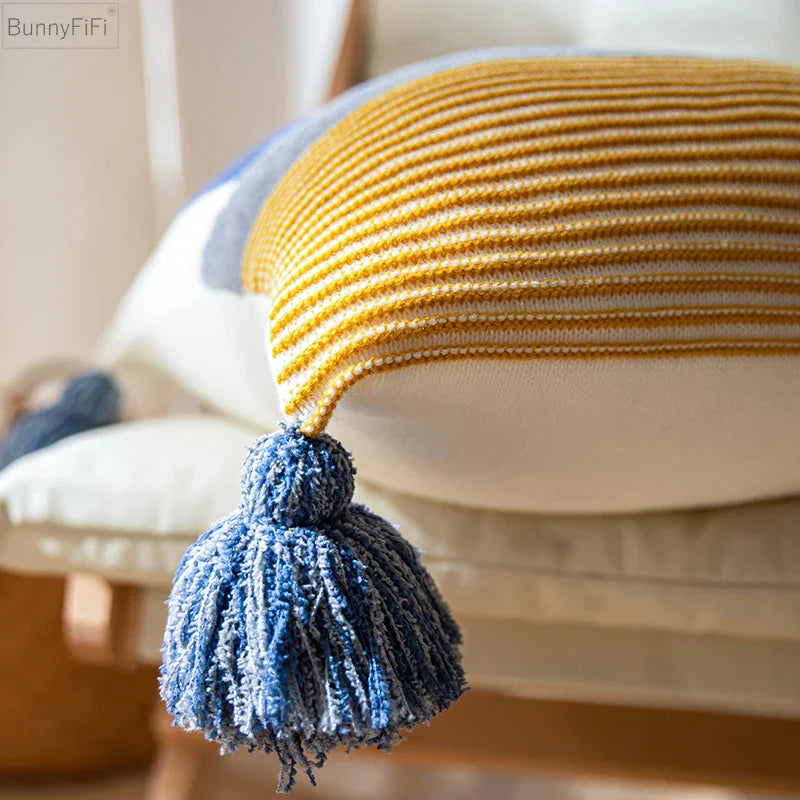 DecorBites™ Knit Stripe Cushion Cover 45x45cm with Blue Pink Tassels for Home Decor