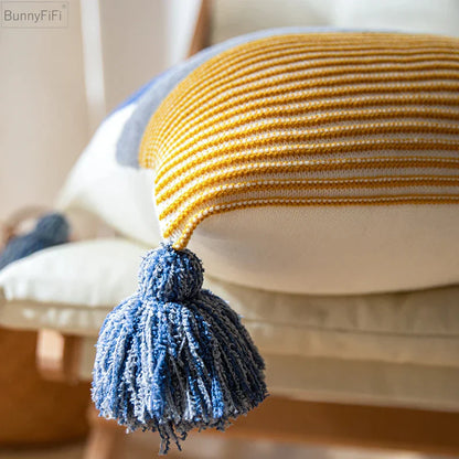 DecorBites™ Knit Stripe Cushion Cover 45x45cm with Blue Pink Tassels for Home Decor