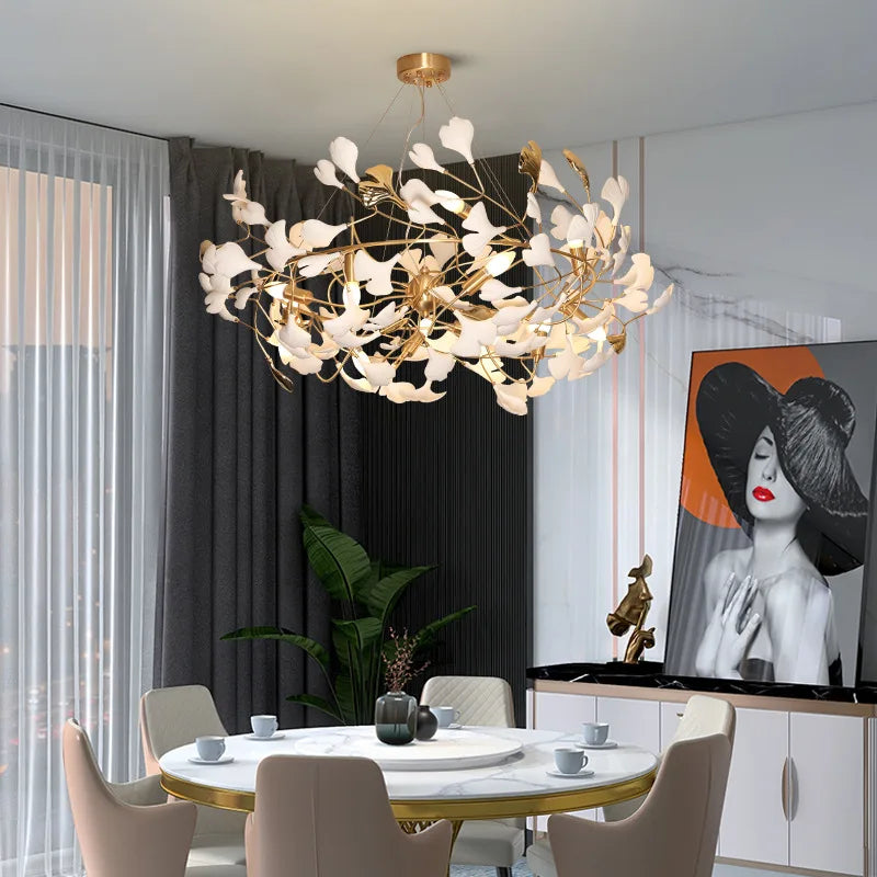 Lámpara de Araña de Ramas Doradas Decorbites™ con Hojas de Porcelana Luces Colgantes