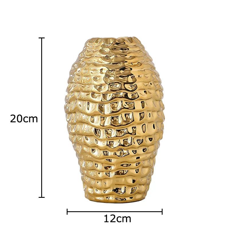 DecorBites™ Golden Wrinkle Ceramic Vase - Desk Decoration, Gold-plated Floral Pots for Aesthetic Room Decor