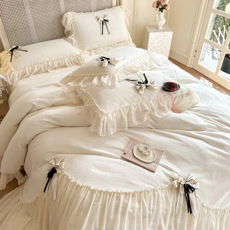 DecorBites™ Lace Ruffles Princess Bedding Set, Velvet Duvet Cover, Plush Bed Sheet, Pillowcases