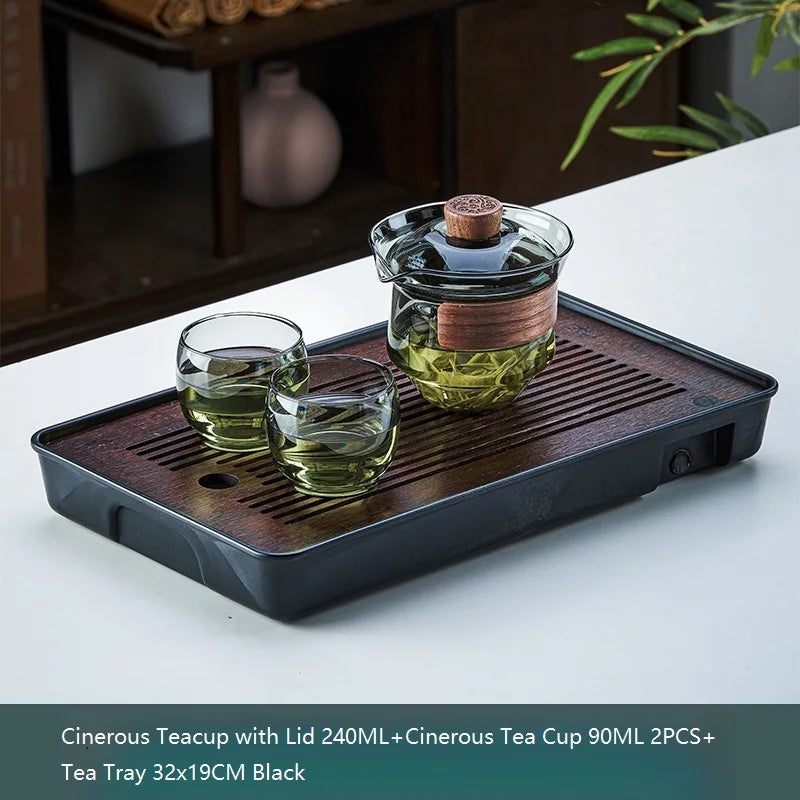 DecorBites™ Glass Teapot Set: Chinese Kung Fu Tea Bamboo Tray & Quick Drain Storage