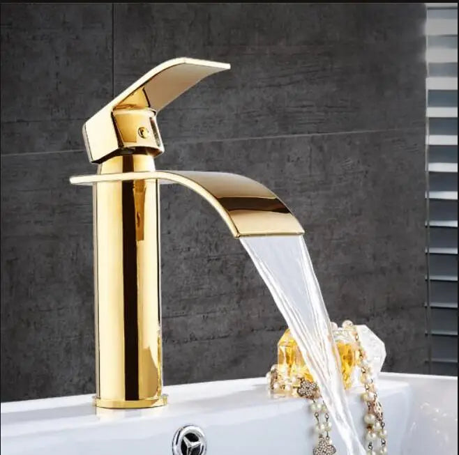 DecorBites™ Gold and White Waterfall Bathroom Basin Faucet Mixer Tap Hot Cold Sink