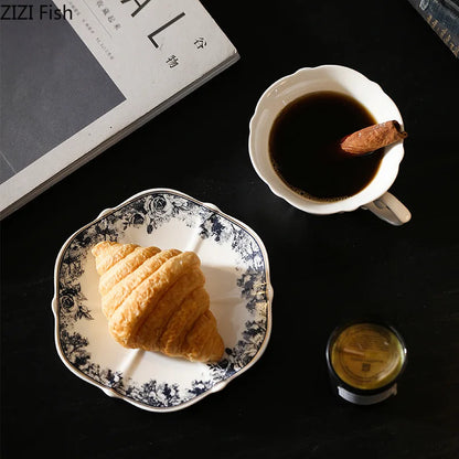 DecorBites™ Grey Blue Rose Ceramic Cup & Saucer Set, Classical Mugs for Dining Table and Coffee Mug