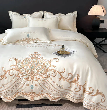 Decobites White Gold Embroidery Satin Cotton Bedding Set with Pillowcases & Flat Sheet