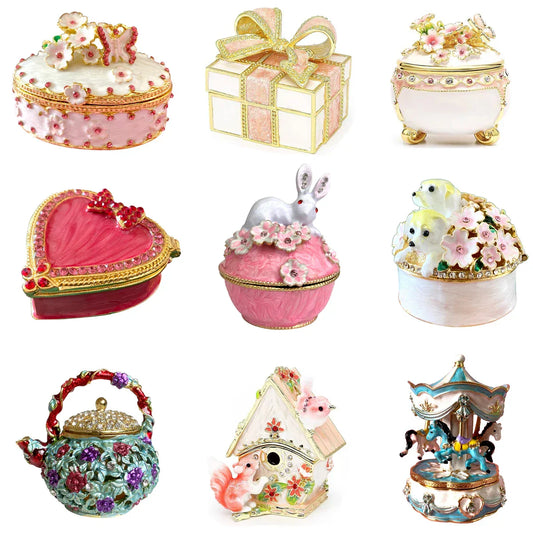 DecorBites™ Enameled Metal Jewelry Trinket Box Figurines Hand Painted Storage Case