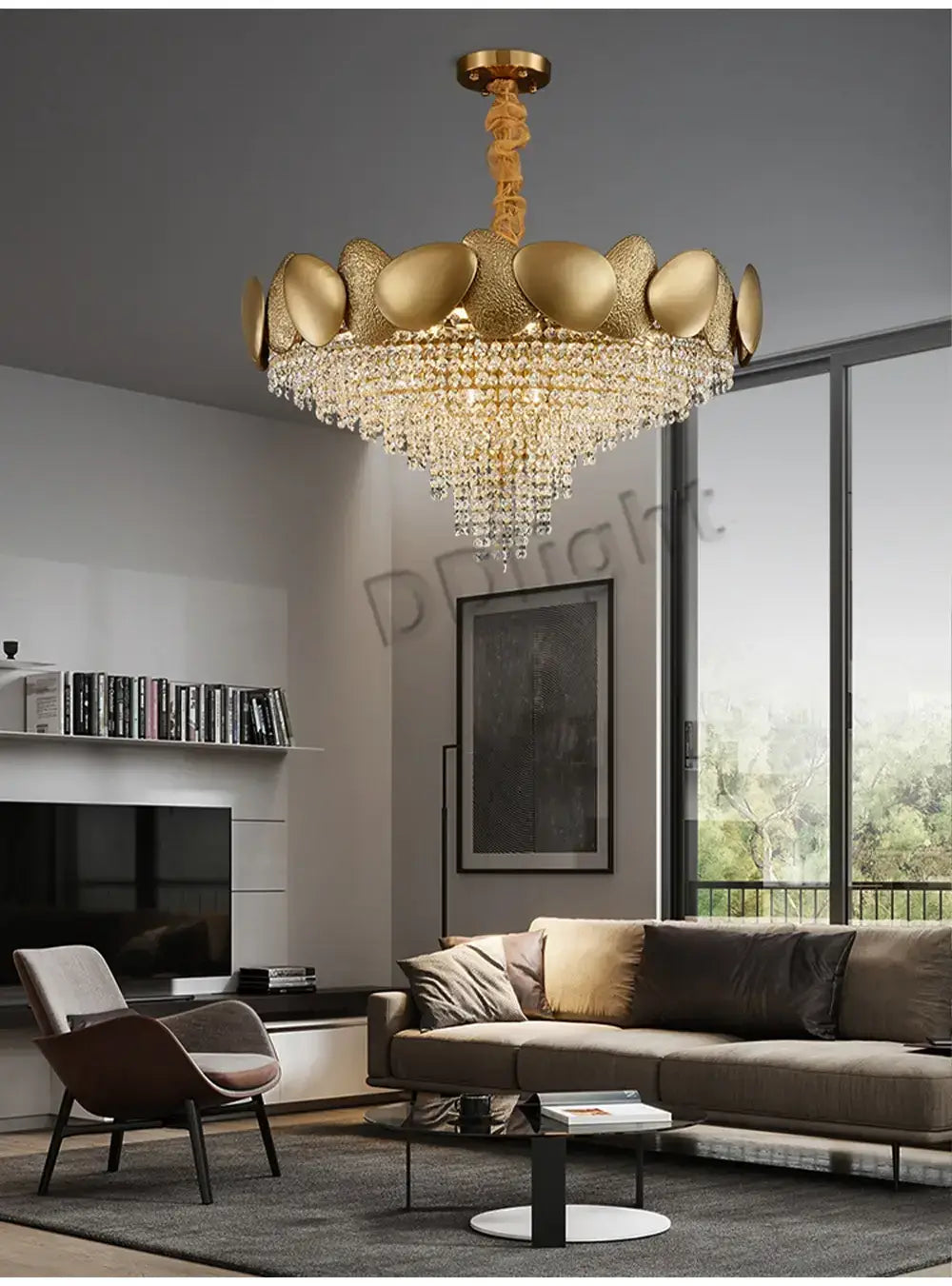 Luxury gold crystal led ceiling chandelier with tiered design featuring polished metallic leaf-shaped accents and cascading crystal droplets for living room use.