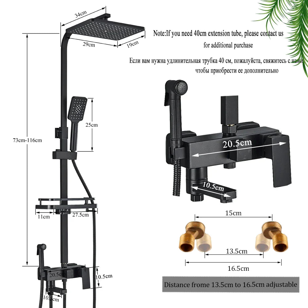 DecorBites™ Black Brass Shower Faucet Set Rainfall Bathtub Tap With Bathroom Shelf