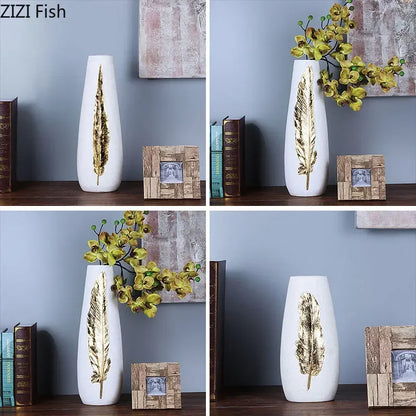 DecorBites™ Gold Feather Vase & Artificial Flowers Set - Modern Home Decor