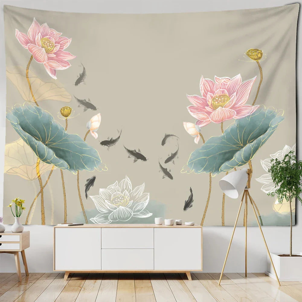 Decorbites™ Koi-Lotus-Tinten-Gobelin-Wandbehang – Bohème-Ästhetik für die Hausdekoration