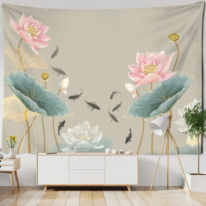 Decobites Koi Lotus Ink Tapestry Wall Hanging - Bohemian Aesthetics Home Decor