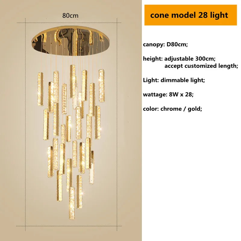 Luces de Lámpara Colgante de Cristal en Acero Cromo Dorado Decorbites™ con LED Regulable para Escalera de Villa