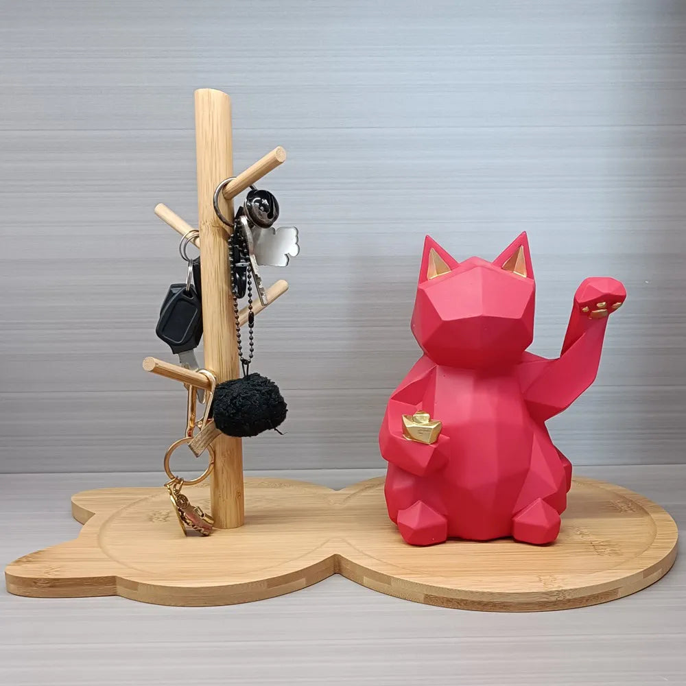 DecorBites™ Cat Wooden Key Rack Holder Tray Tree Branch Hook Desktop Storage