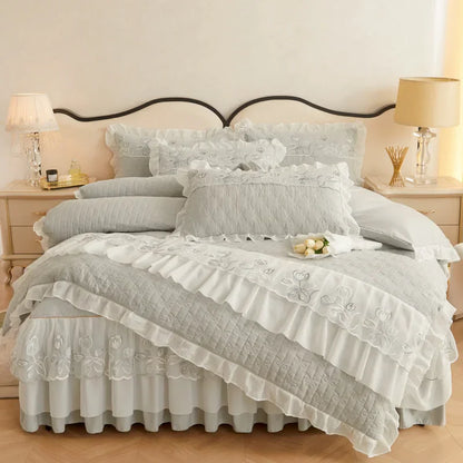 Decobites Quilted Embroidery Bedding Set with Lace Ruffles, Duvet Cover, Bed Skirt - Various Colors