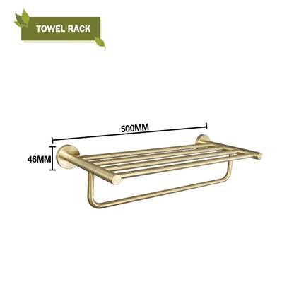 DecorBites™ Brushed Gold Bathroom Accessories Set: Wall Mount Shelf, Toilet Paper Holder, Towel Bar, Robe Hook