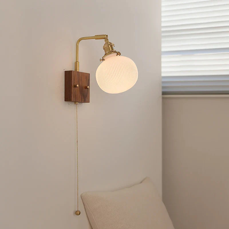 DecorBites™ Globe Ceramic Walnut Wood Wall Light with Pull Chain Switch and Rotatable Design