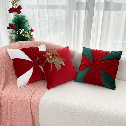 DecorBites™ Christmas Bow Patchwork Velvet Pillow Cover Set for Festive Home Decor