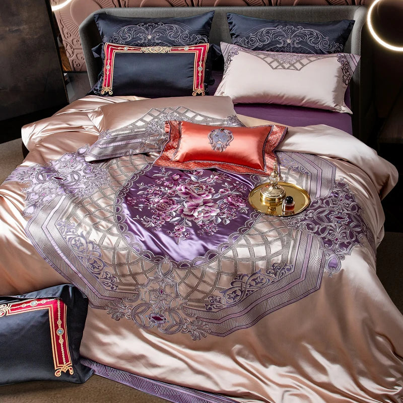 Decobites Palace Style Purple Flowers Bedding Set Embroidered Brocade Duvet Cover Sheets Pillows