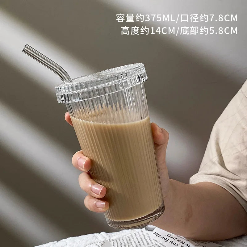 DecorBites™ Glass Straw Cup Set | Japanese Style Coffee Tea Milk Cup with Lid