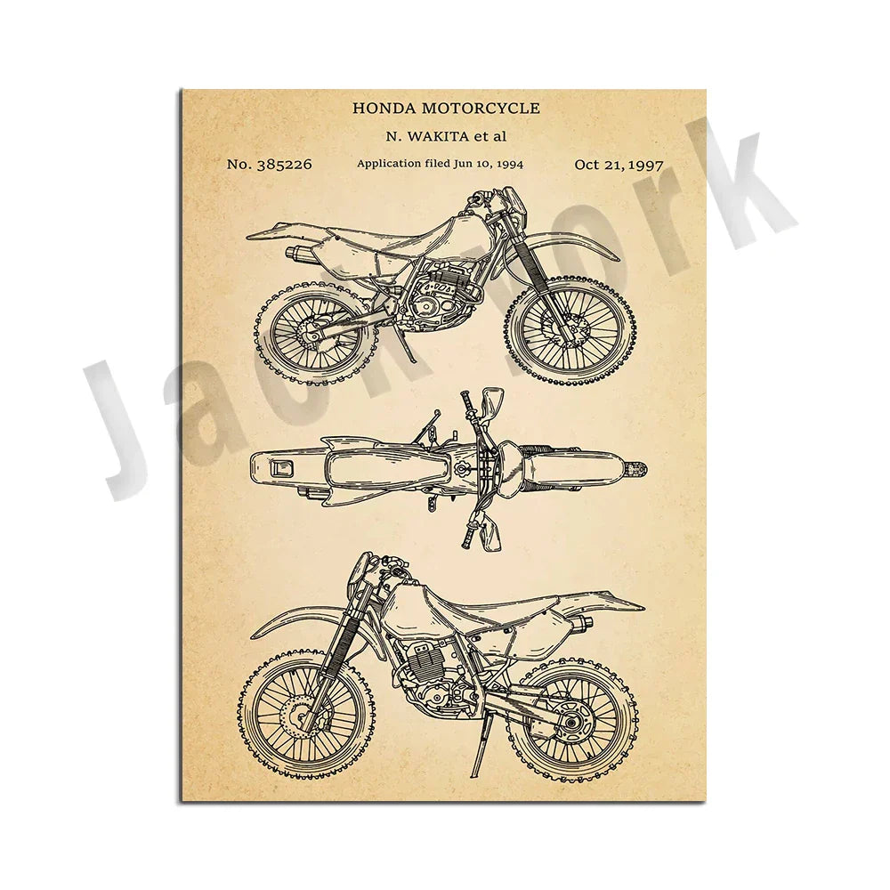 DecorBites™ Dirt Bike Patent Blueprint Poster Canvas Wall Art