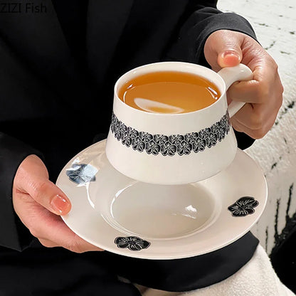 DecorBites™ Black Flower Porcelain Cup & Saucer Set, Elegant Coffee Mug for Dining & Afternoon Tea