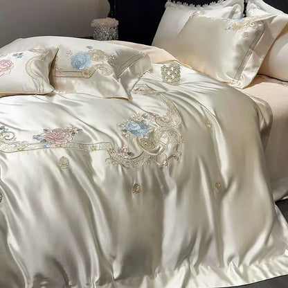 Decobites Luxe Brocade Cotton Flowers Embroidery Bedding Set Cream/Champagne Patchwork