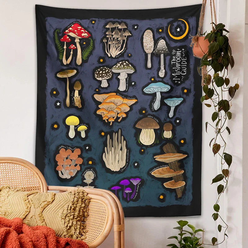 Mushroom Moon Moth Tapestry Wall Hanging by Decobites - Aesthetic Retro Psychedelic Decor