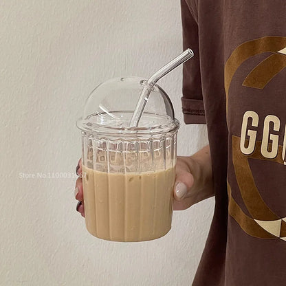 DecorBites™ 450ml Striped Glass Cup with Lid and Straw, Ideal for Coffee, Juice, Milk, or Tea